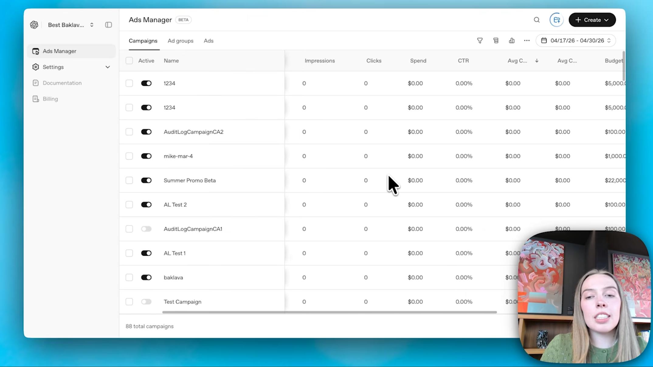Giao diện OpenAI Ads Manager Beta với danh sách chiến dịch quảng cáo
