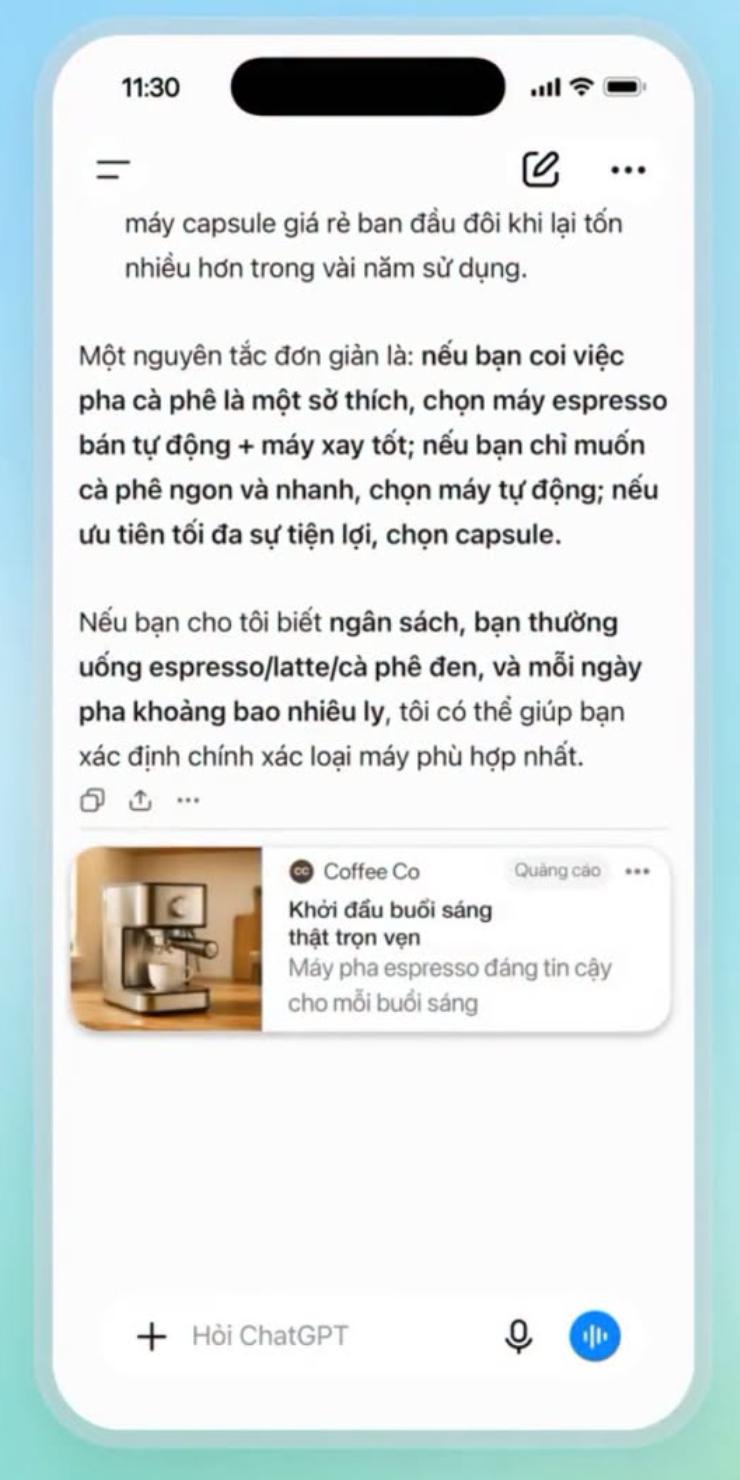 Ví dụ quảng cáo xuất hiện bên dưới câu trả lời của ChatGPT