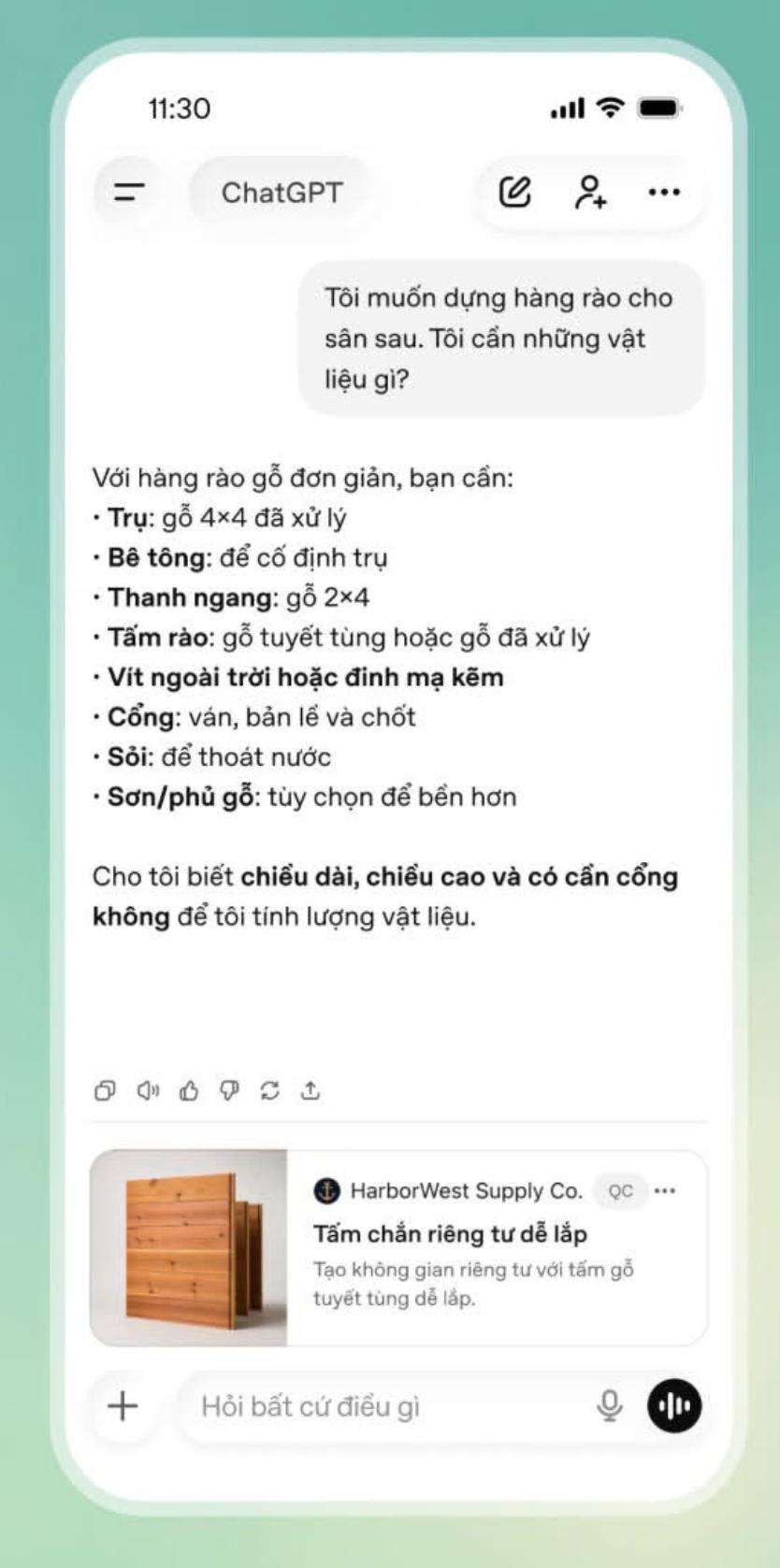 Ví dụ ChatGPT Ads xuất hiện sau một cuộc hội thoại có nhu cầu cụ thể