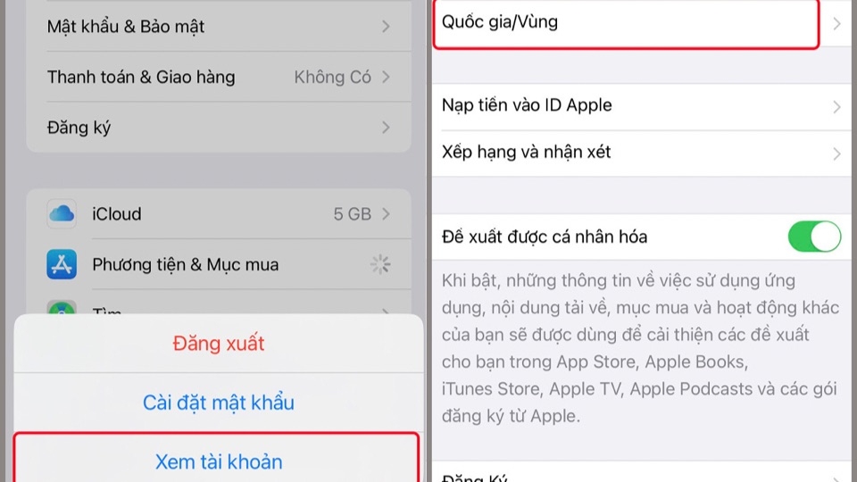 Vị trí Quốc gia và Vùng trong tài khoản Apple