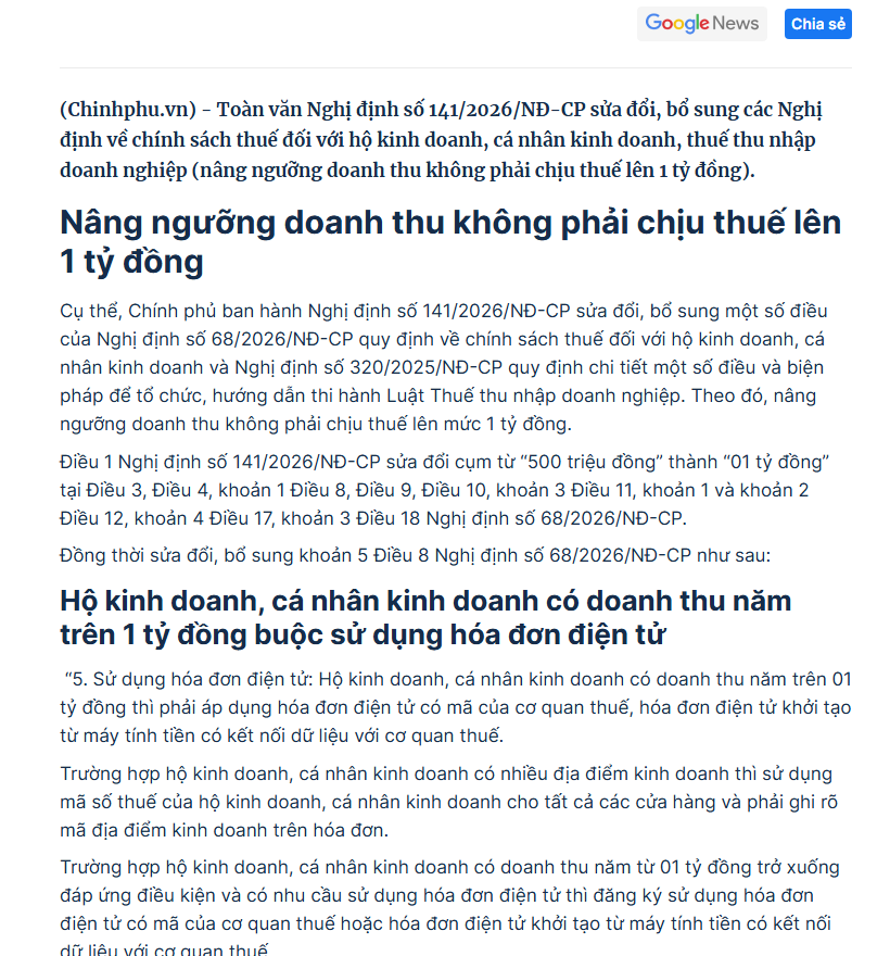 Nghị định 141/2026 nâng ngưỡng doanh thu không phải chịu thuế lên 1 tỷ đồng và yêu cầu hóa đơn điện tử