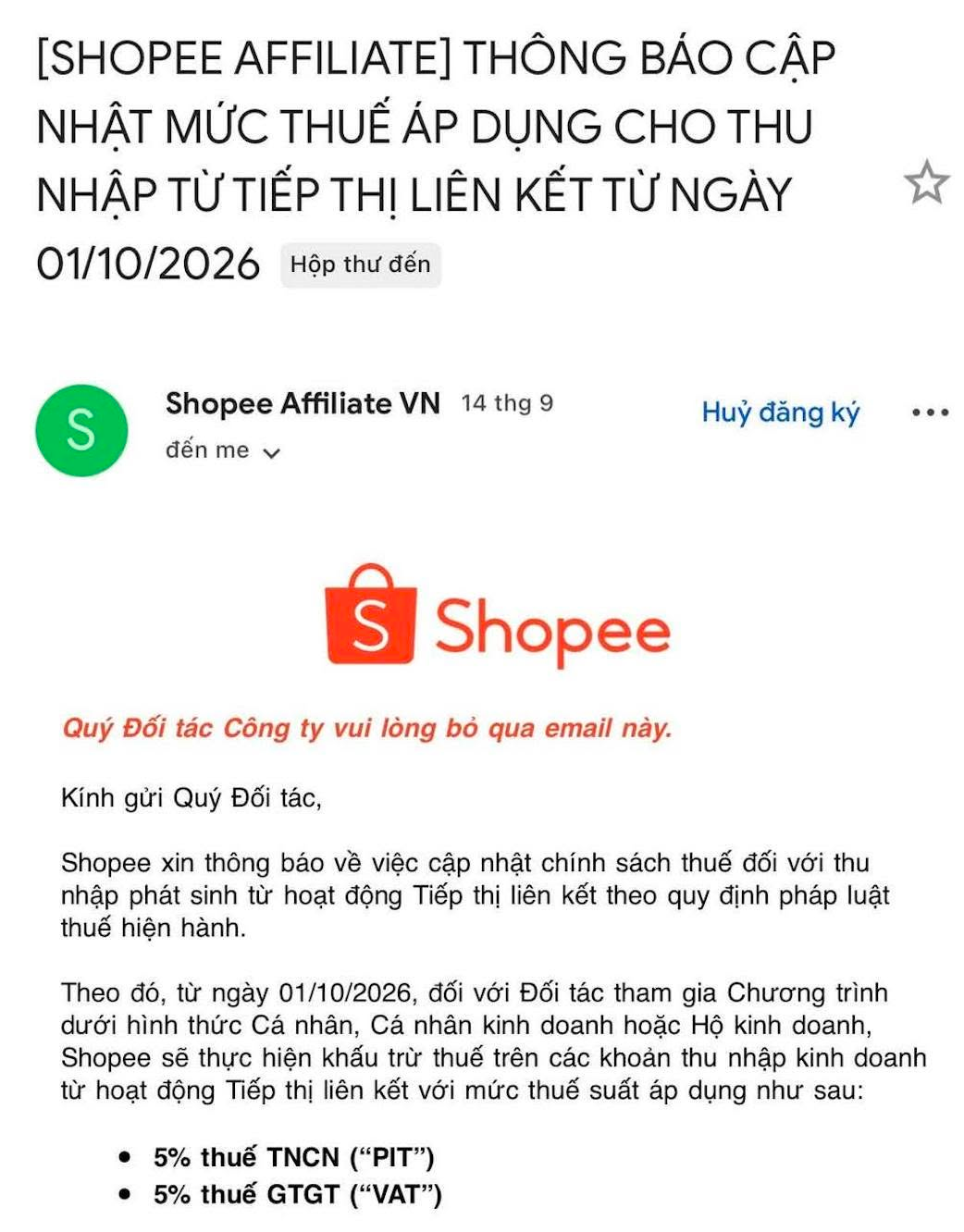Ảnh chụp email Shopee Affiliate thông báo cập nhật chính sách thuế từ 01/10/2026