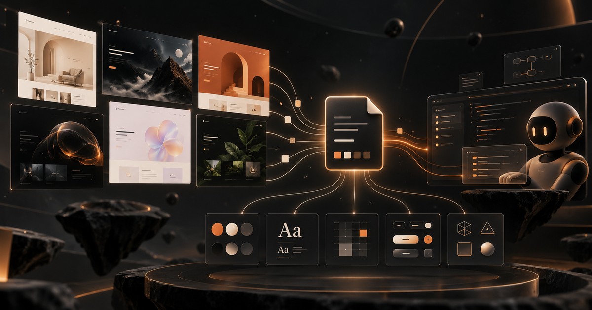 Minh họa các design system khác nhau được gom thành một file markdown cho AI coding agent