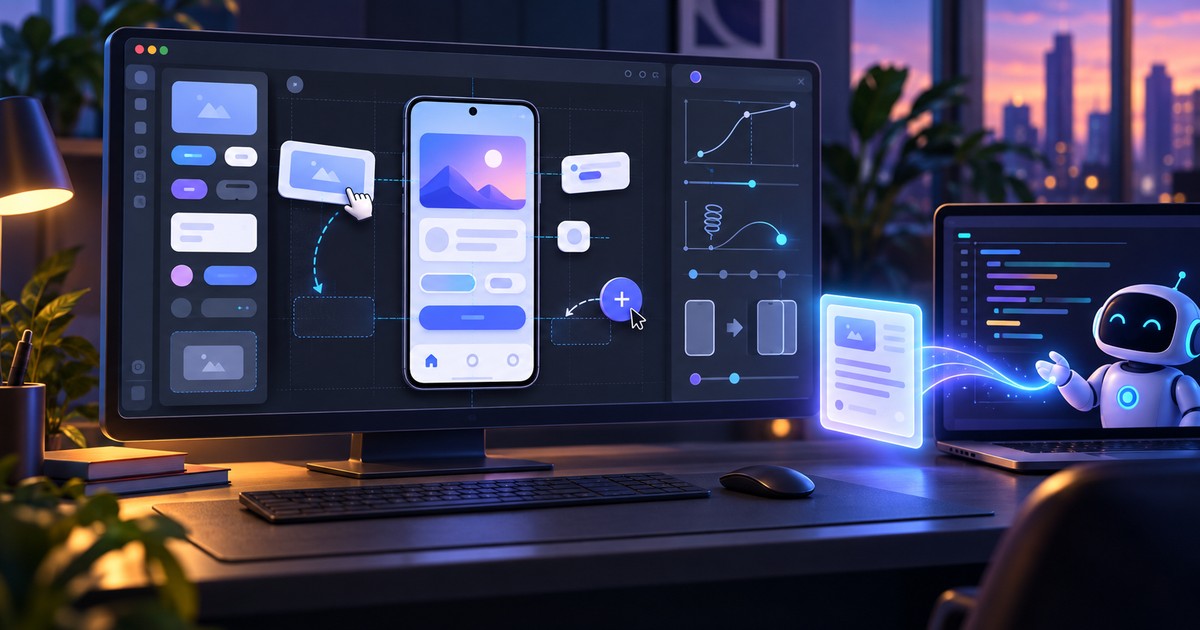 Workflow từ kéo thả giao diện trên canvas đến chuyển prompt cho AI coding assistant