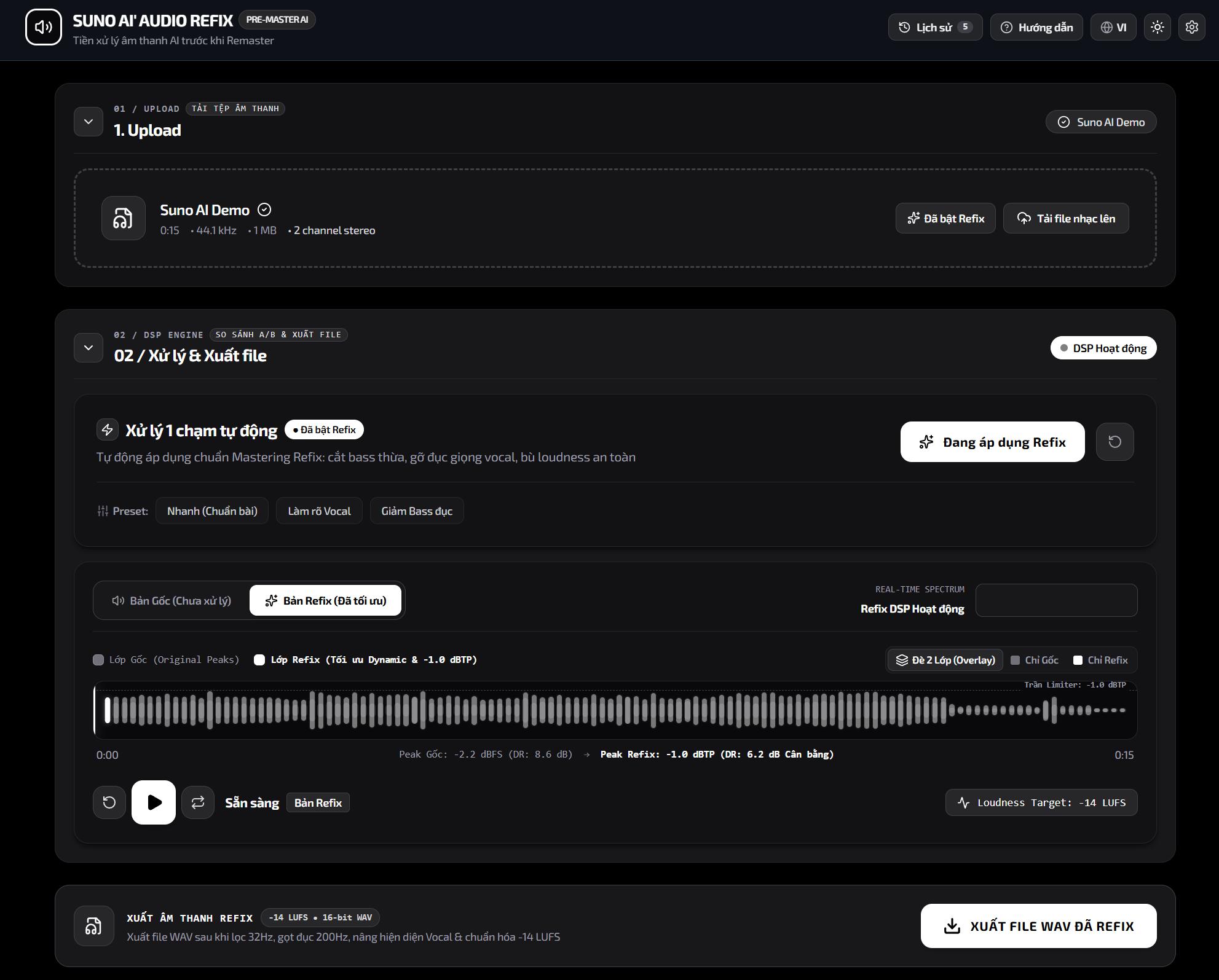 Giao diện chính của Suno Audio Refix Studio