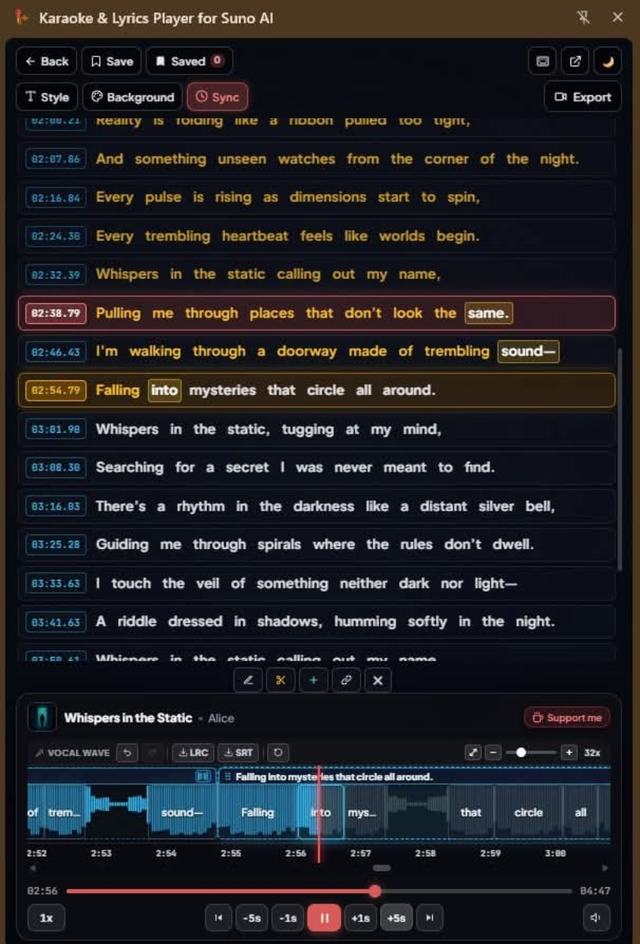 Toàn bộ giao diện extension karaoke cho Suno với danh sách lời, phần Sync và waveform chỉnh timing